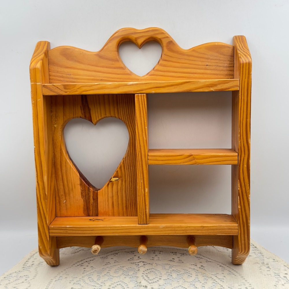 Vintage Pine Wood Heart Cutout Wall Shelf Brown Rustic 90s Shadow Box 11x13"